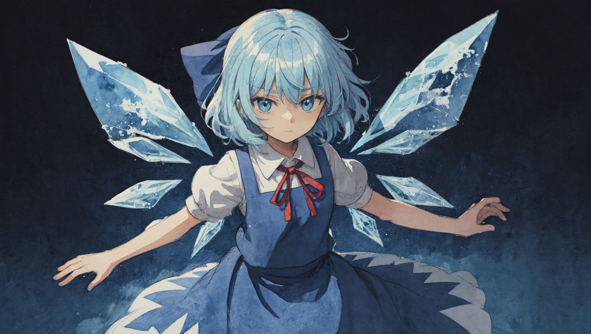 118101-4111685501-cirno ice-wings blue-eyes blue-hair blue-hair-bow pinafore-dress solo red-neck-ribbon ink-splash snowflake-background darkness d.png